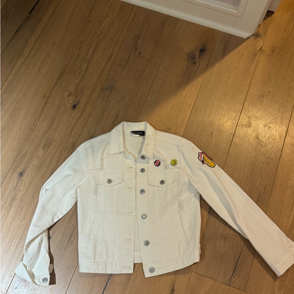 White Denim Jacket with Fun Patches and tongue painted back